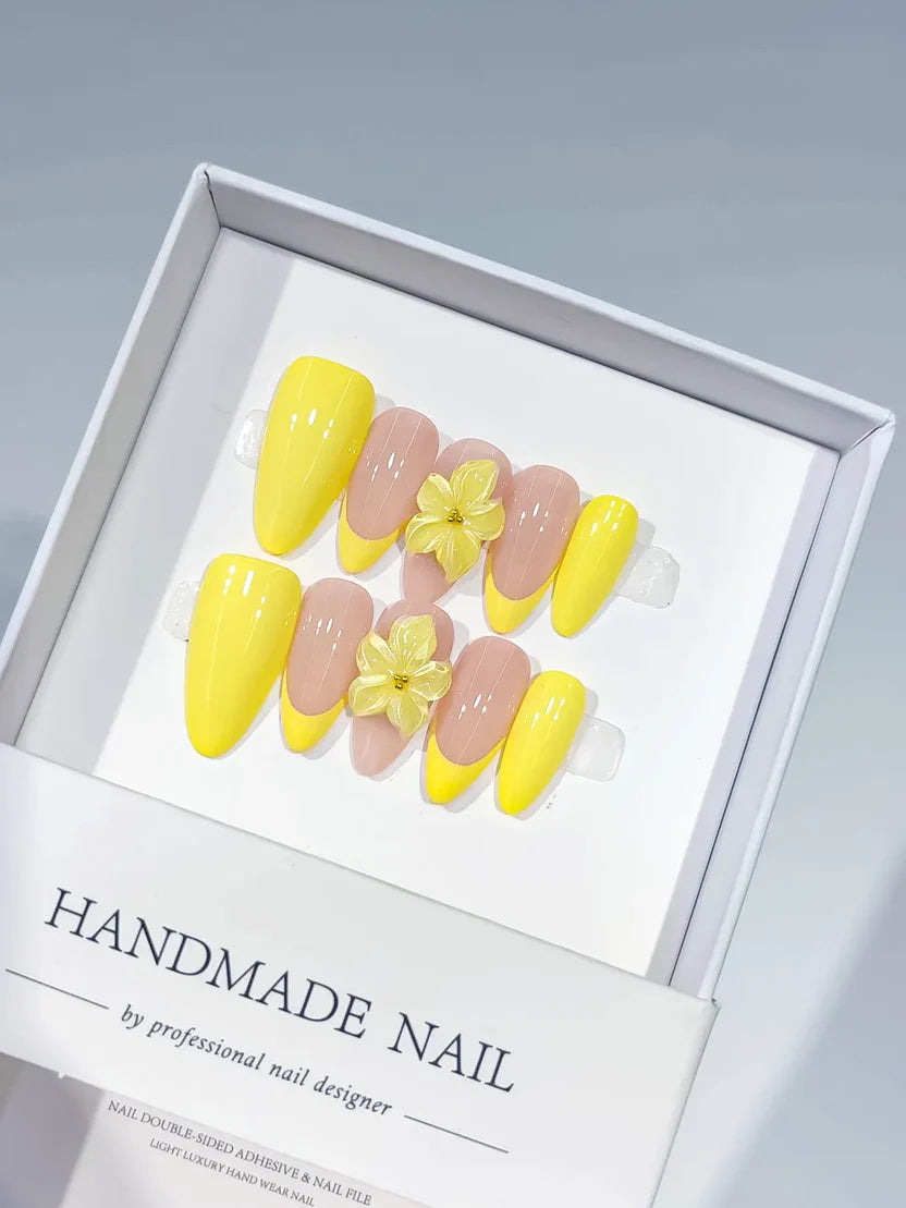 Medium Yellow Nude Almond French tip Flower