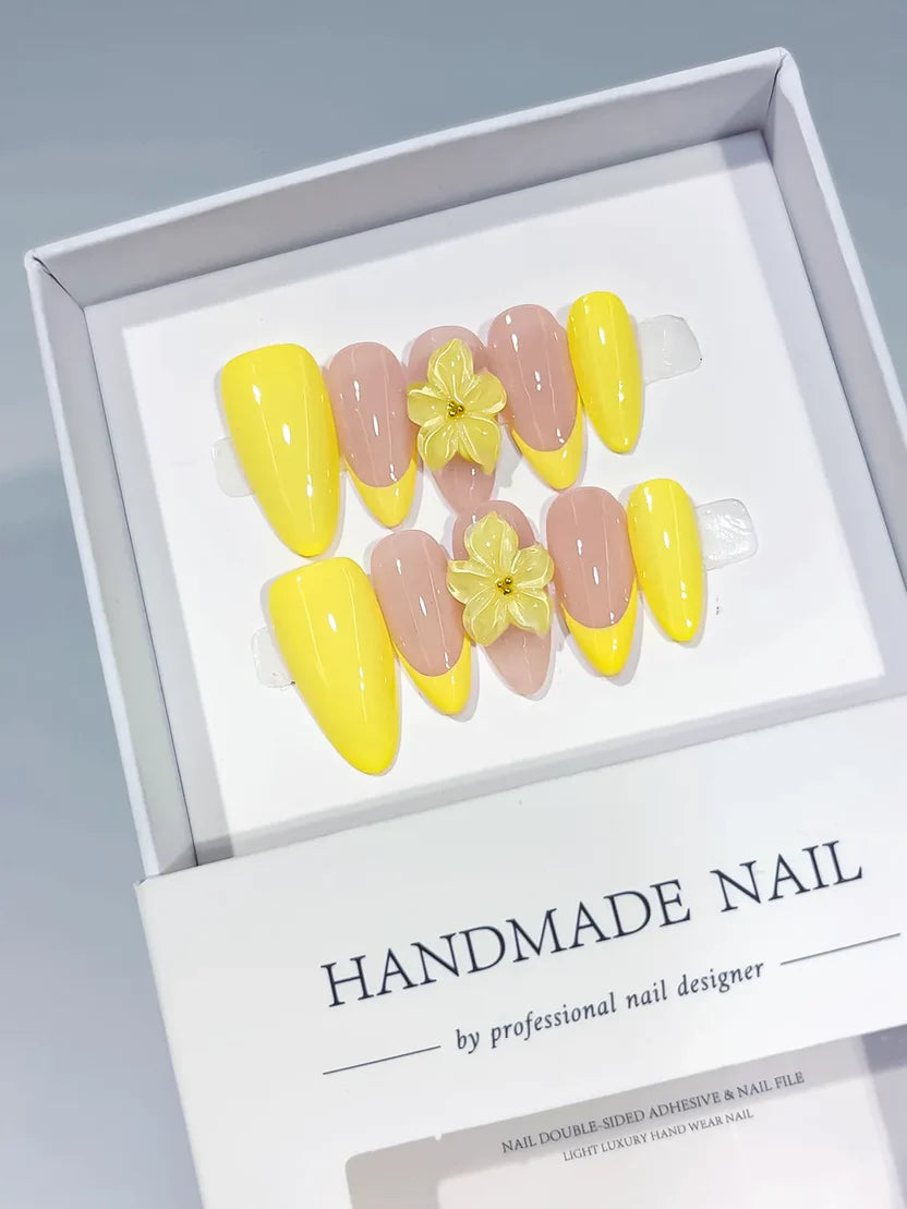 Medium Yellow Nude Almond French tip Flower