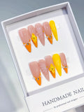 Long Nude Orange Almond French tip With 3D Flower & Shell