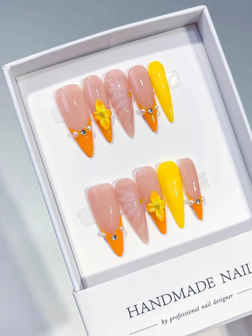 Long Nude Orange Almond French tip With 3D Flower & Shell