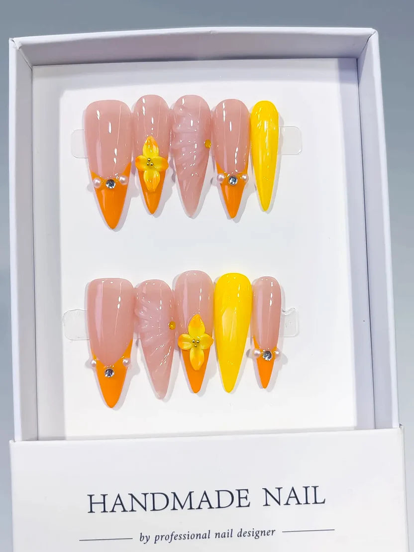 Long Nude Orange Almond French tip With 3D Flower & Shell