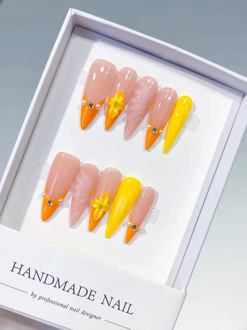 Long Nude Orange Almond French tip With 3D Flower & Shell