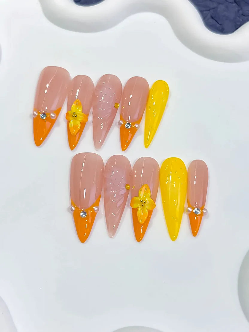 Long Nude Orange Almond French tip With 3D Flower & Shell