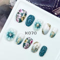 Its Definitely The Teal! Floral 3D Blue & White Short Oval Nails K070