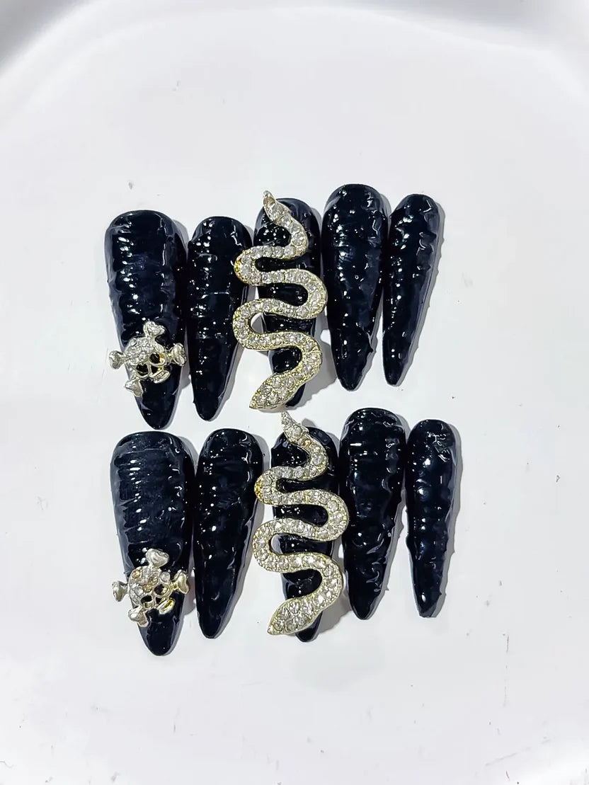 Long 3D Black & Gold Stiletto CZ Snake & Skull Accents