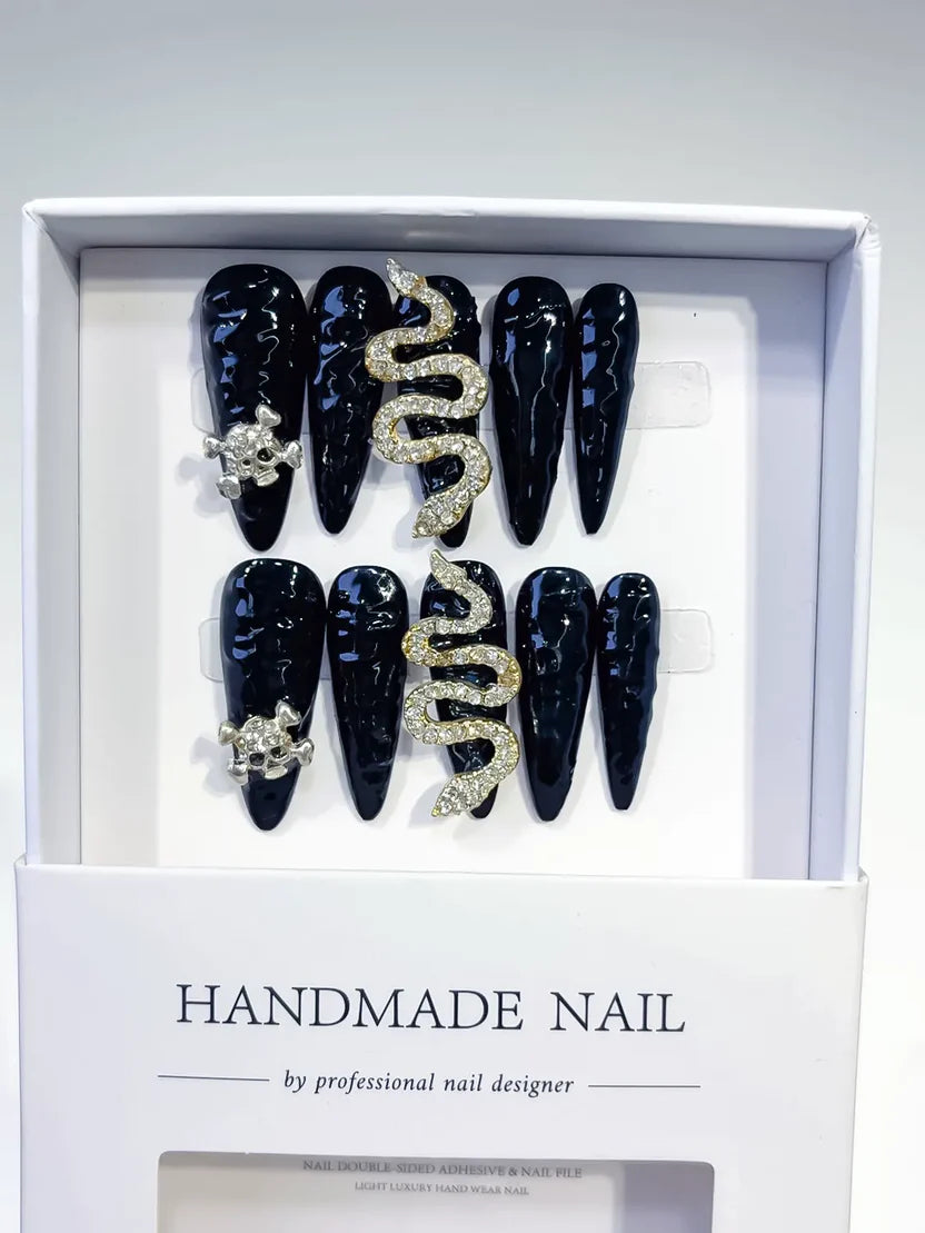 Long 3D Black & Gold Stiletto CZ Snake & Skull Accents