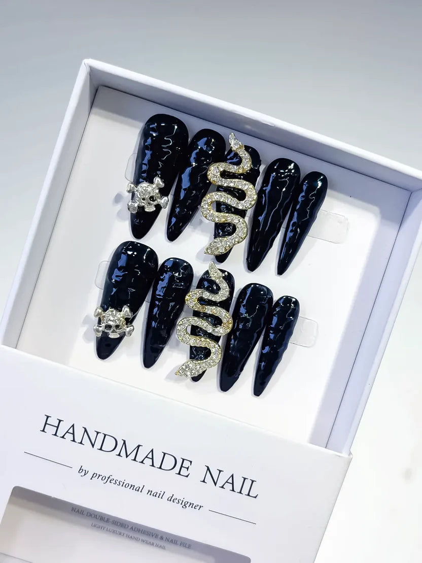 Long 3D Black & Gold Stiletto CZ Snake & Skull Accents