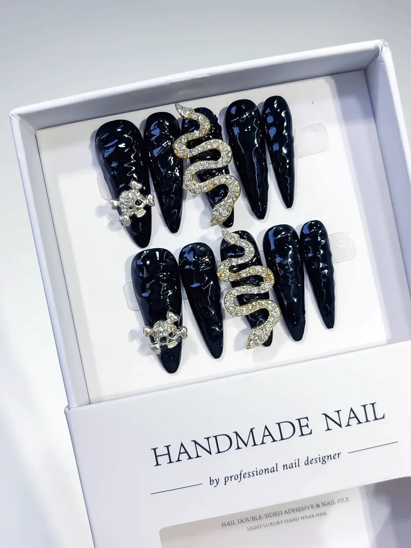 Long 3D Black & Gold Stiletto CZ Snake & Skull Accents