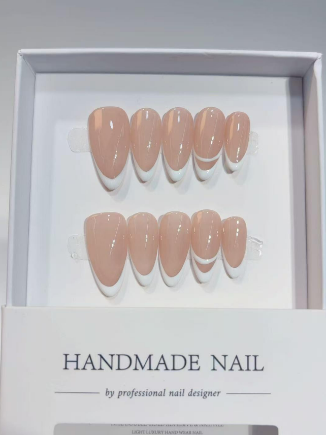 Medium Almond Pink Nude, Thin Elegant White French Tips