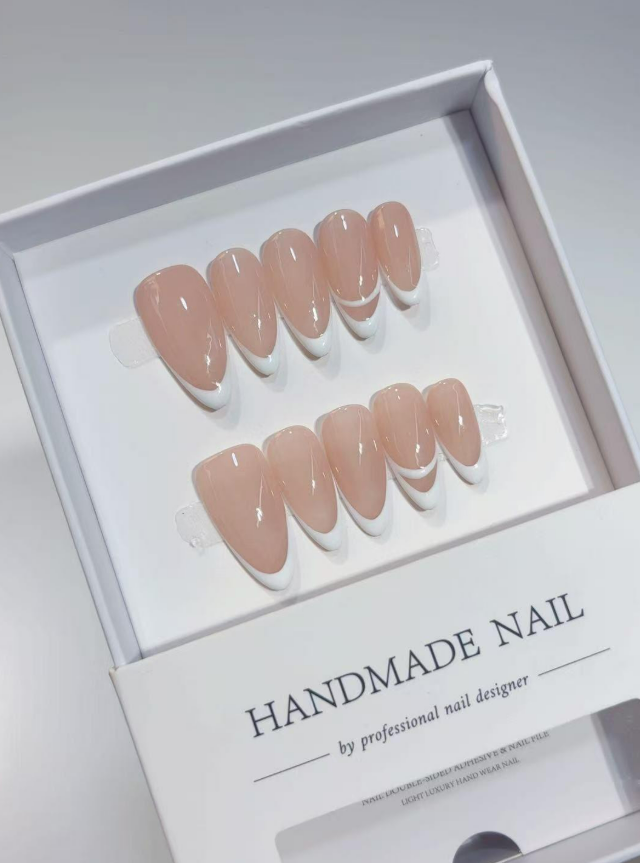 Medium Almond Pink Nude, Thin Elegant White French Tips