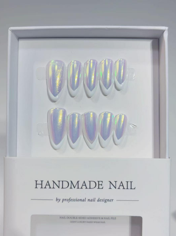 Medium Almond Iridescent V White French Tips