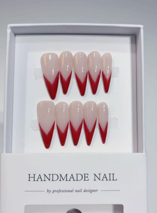 Long Stiletto Red French, Luxury V-Tips