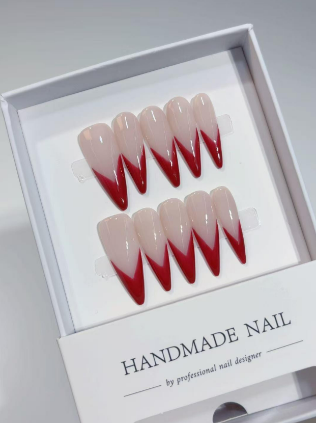Long Stiletto Red French, Luxury V-Tips