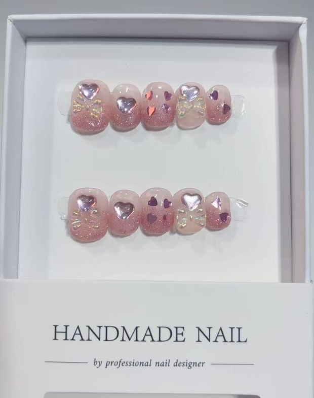 Short Square Pink Ombre Glitter 3D Heart Rhinestone