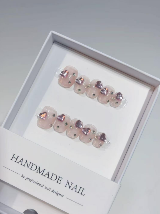 Short Square Cute Nude Pink 3D Heart Rhinestone