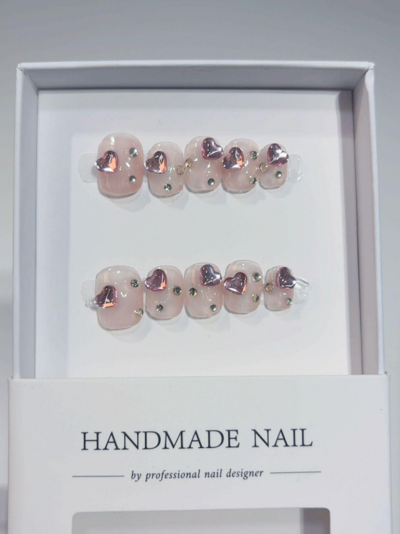 Short Square Cute Nude Pink 3D Heart Rhinestone