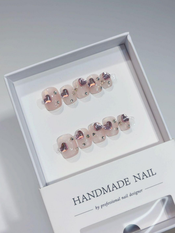 Short Square Cute Nude Pink 3D Heart Rhinestone