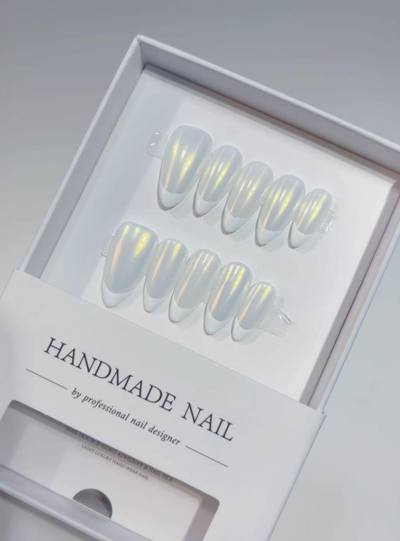 Medium Almond Iridescent Pearl White French Tips