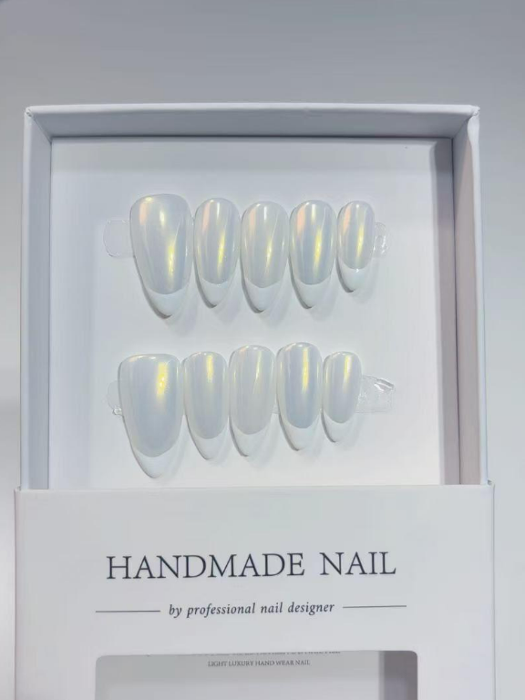 Medium Almond Iridescent Pearl White French Tips