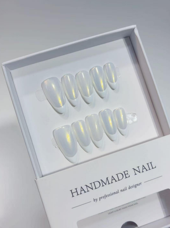 Medium Almond Iridescent Pearl White French Tips