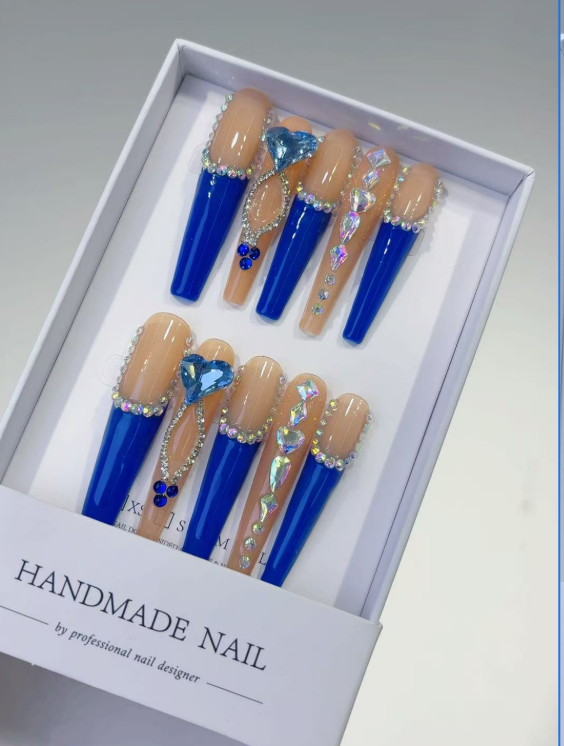 Long Coffin Blue French, 3D Rhinestone Hearts