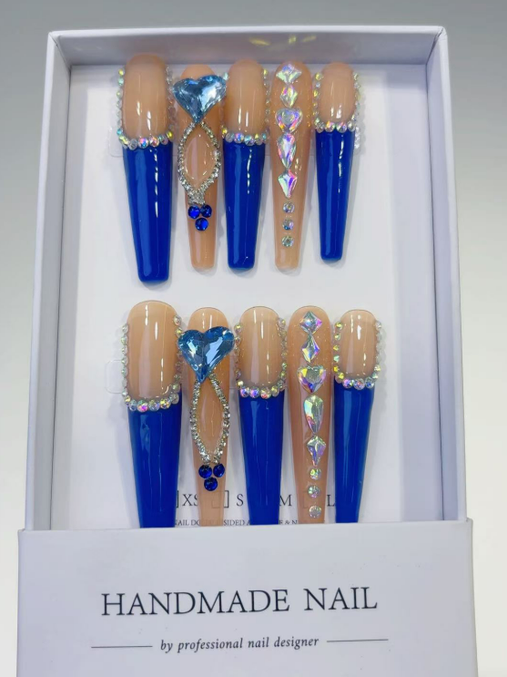 Long Coffin Blue French, 3D Rhinestone Hearts