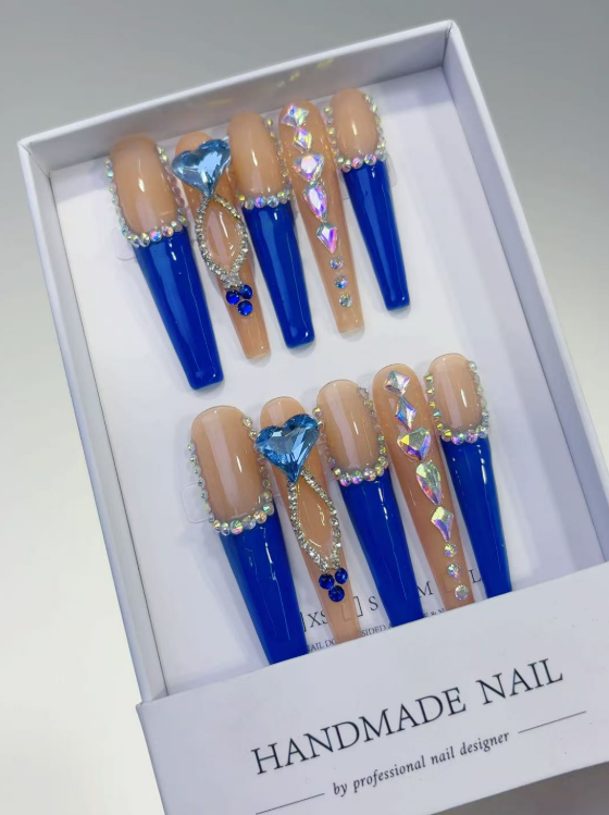 Long Coffin Blue French, 3D Rhinestone Hearts