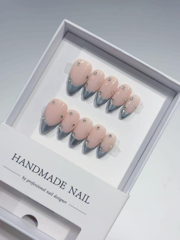 Medium Almond Nude Chrome French, 3D Rhinestone