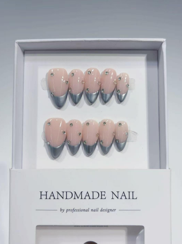 Medium Almond Nude Chrome French, 3D Rhinestone