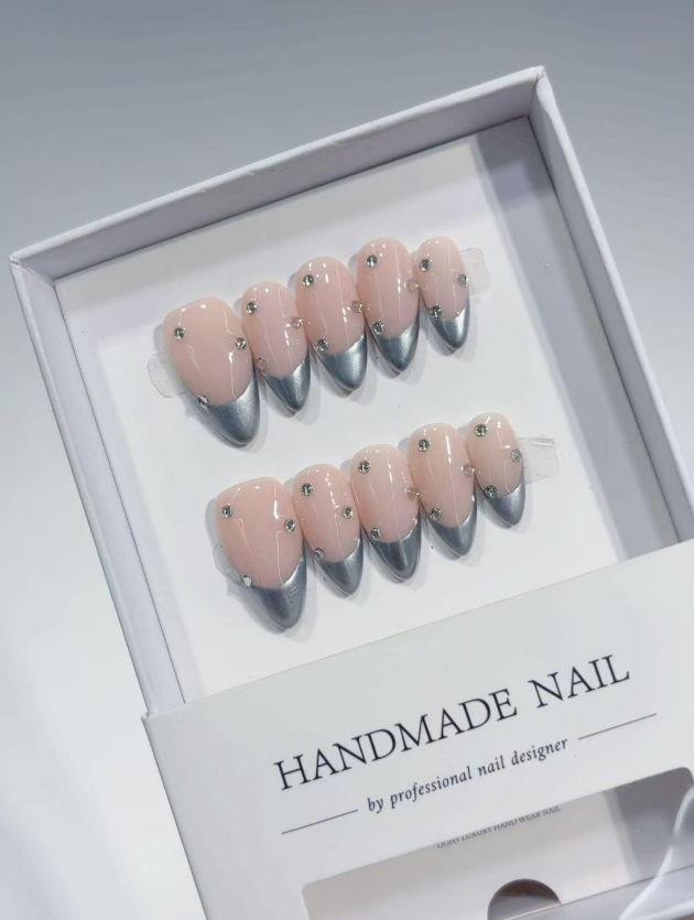 Medium Almond Nude Chrome French, 3D Rhinestone