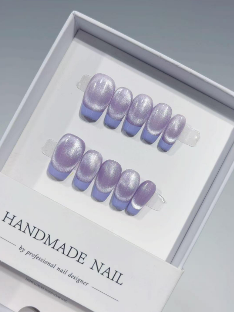 Short Coffin Halo Lavender Cat Eye Blue French Tip
