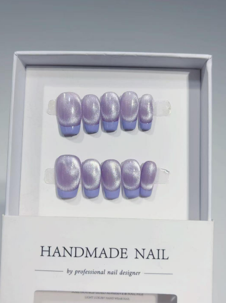 Short Coffin Halo Lavender Cat Eye Blue French Tip