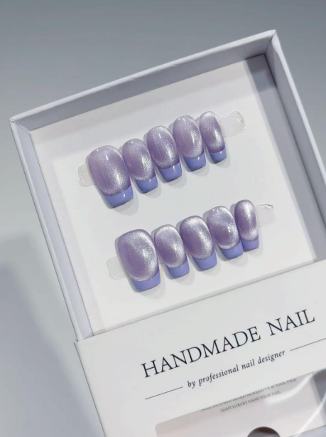 Short Coffin Halo Lavender Cat Eye Blue French Tip