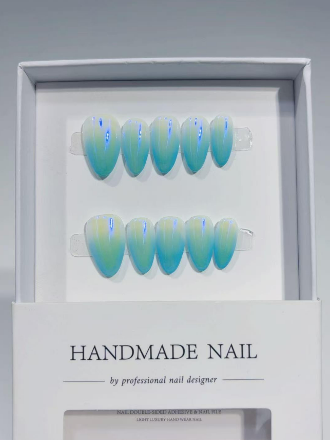 Medium Almond Ombre Teal Aurora, Glazed Iridescent