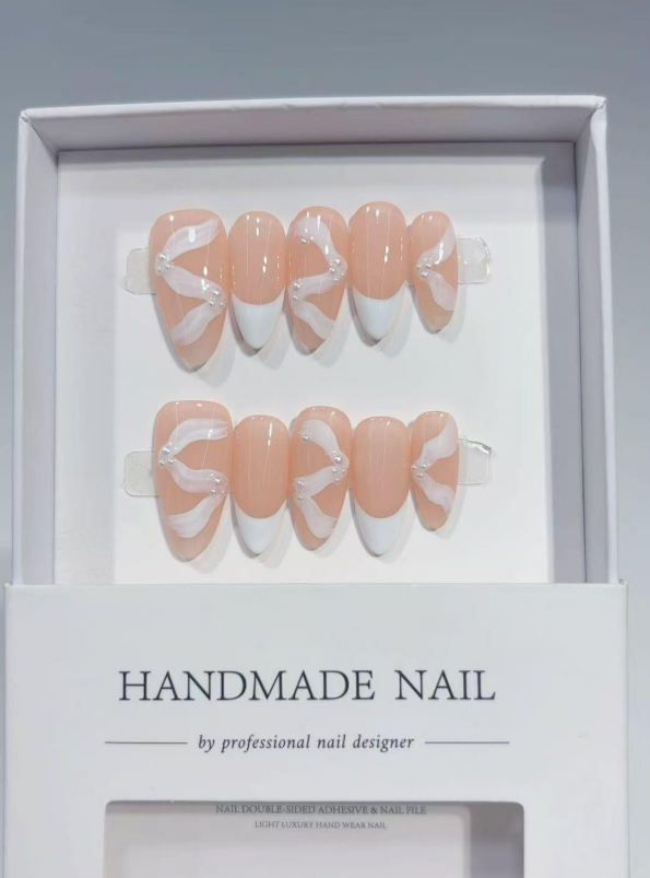 Medium Almond Nude Pearl Laced, White French Tip