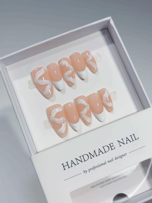 Medium Almond Nude Pearl Laced, White French Tip
