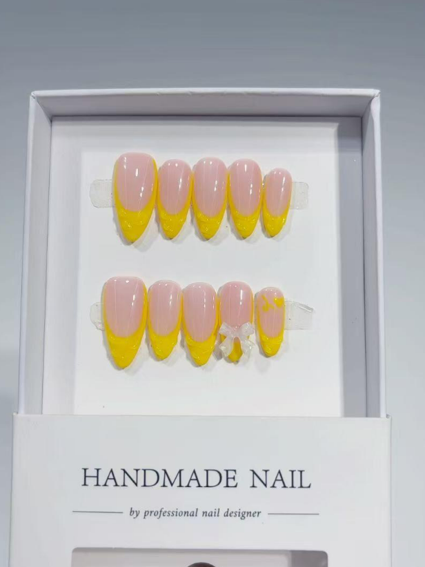 Medium Almond 3D Deep Yellow French & Bow Accent