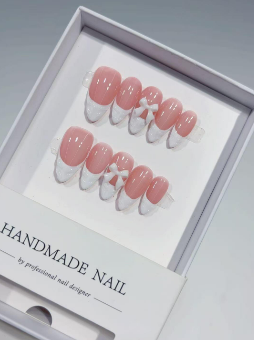 Medium Almond 3D Nude Pink, White French Tips & Bow