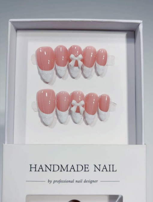 Medium Almond 3D Nude Pink, White French Tips & Bow