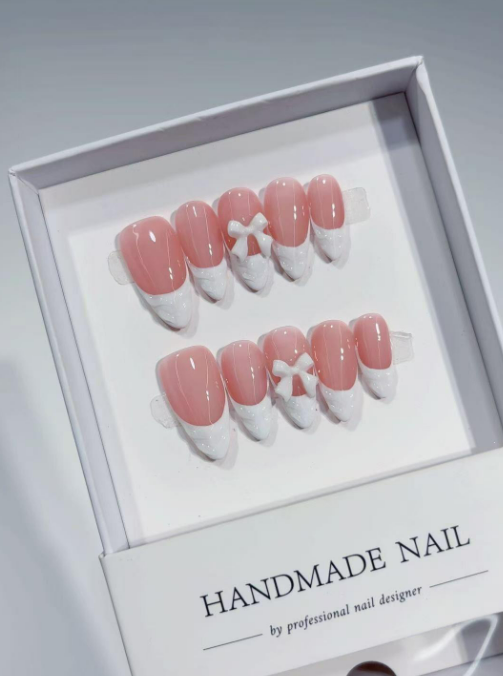 Medium Almond 3D Nude Pink, White French Tips & Bow
