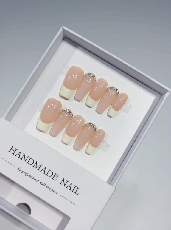 Elegant Nude French Tip & Crystal Accents Medium Coffin