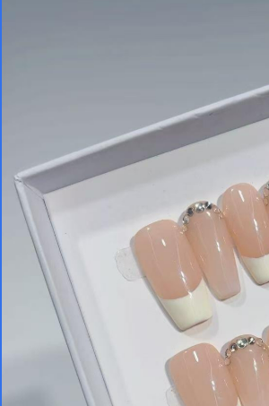 Elegant Nude French Tip & Crystal Accents Medium Coffin