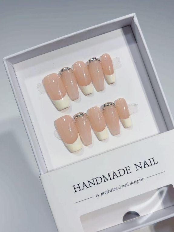 Elegant Nude French Tip & Crystal Accents Medium Coffin