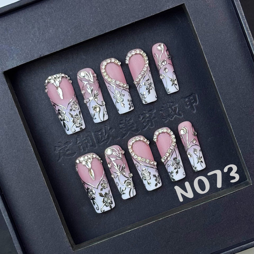 Long Elegant Ombre Gold Flourish Coffin Nails N073
