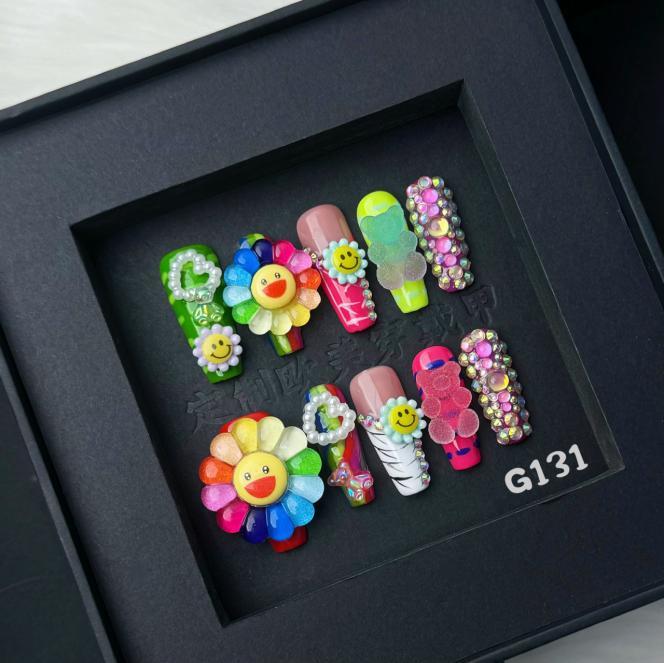 3D Happy Rainbow Daisies & Teddy Coffin Nails G131