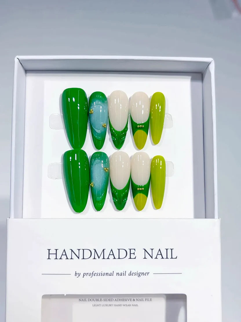 Long Green Almond Abstract Swirl Bead
