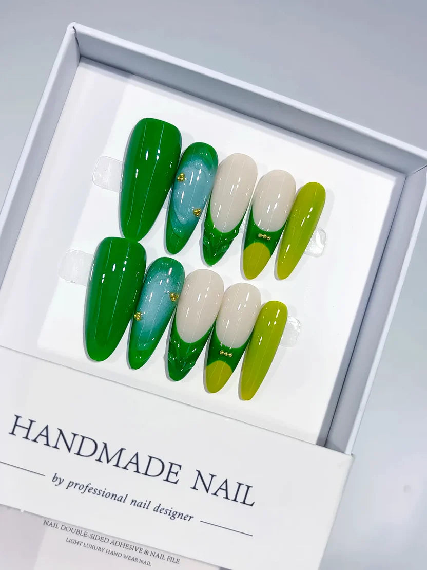 Long Green Almond Abstract Swirl Bead
