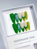 Long Green Almond Abstract Swirl Bead