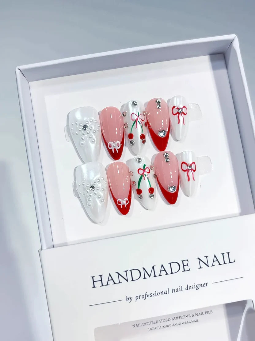 Medium White Red Almond French tip Bow Cherry