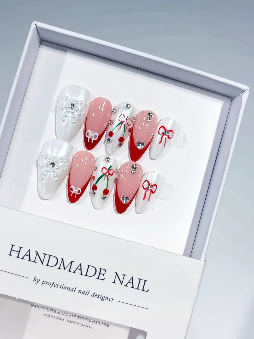 Medium White Red Almond French tip Bow Cherry